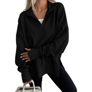 image:imageANRABESS Womens Quarter Zip Pullover Oversized Sweatshirts  Long Sleeve V Neck Zip Up Collared Top Soft Loose Side Slit Hoodie Casual Going Out Athleisure Outfits Fall Winter ClothesBlack