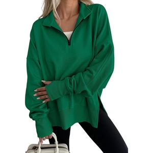 image:imageANRABESS Womens Quarter Zip Pullover Oversized Sweatshirts  Long Sleeve V Neck Zip Up Collared Top Soft Loose Side Slit Hoodie Casual Going Out Athleisure Outfits Fall Winter ClothesGreen
