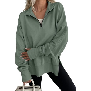 image:imageANRABESS Womens Quarter Zip Pullover Oversized Sweatshirts  Long Sleeve V Neck Zip Up Collared Top Soft Loose Side Slit Hoodie Casual Going Out Athleisure Outfits Fall Winter ClothesSage Green