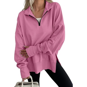 image:imageANRABESS Womens Quarter Zip Pullover Oversized Sweatshirts  Long Sleeve V Neck Zip Up Collared Top Soft Loose Side Slit Hoodie Casual Going Out Athleisure Outfits Fall Winter ClothesPink