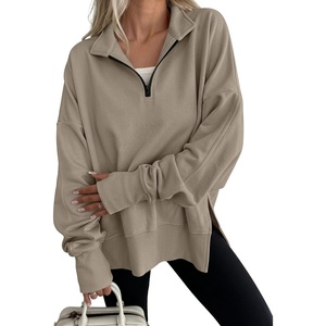 image:imageANRABESS Womens Quarter Zip Pullover Oversized Sweatshirts  Long Sleeve V Neck Zip Up Collared Top Soft Loose Side Slit Hoodie Casual Going Out Athleisure Outfits Fall Winter ClothesLight Khaki