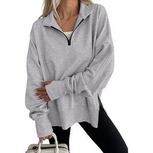 image:imageANRABESS Womens Quarter Zip Pullover Oversized Sweatshirts  Long Sleeve V Neck Zip Up Collared Top Soft Loose Side Slit Hoodie Casual Going Out Athleisure Outfits Fall Winter ClothesGrey