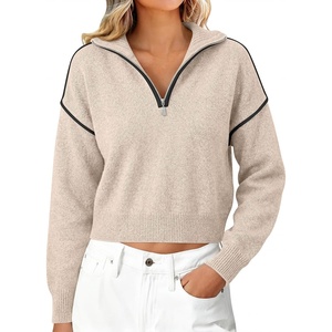 image:imageANRABESS Womens Quarter Zip Sweaters Fall Long Sleeve Shirts Collared Business Casual Tops Knit Pullover SweatshirtsAlmond