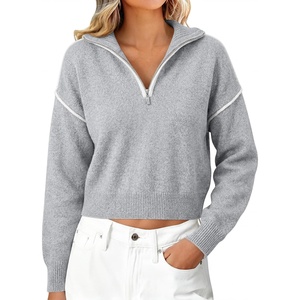 image:imageANRABESS Womens Quarter Zip Sweaters Fall Long Sleeve Shirts Collared Business Casual Tops Knit Pullover SweatshirtsGrey