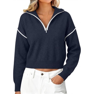 image:imageANRABESS Womens Quarter Zip Sweaters Fall Long Sleeve Shirts Collared Business Casual Tops Knit Pullover SweatshirtsNavy Blue