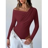 image:imageANRABESS Womens Off Shoulder Long Sleeve Bodysuits  Business Casual Body Suit Asymmetrical Neck Top Going Out Cute Work Date Night Shirts Soft Knit Stretchy Fall ClothesWine Red