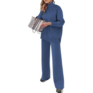 image:imageANRABESS Womens 2 Piece Outfits Turtleneck Matching Lounge Set Sweater Top Wide Leg Pants Fall Cozy Knit Sweatsuit LoungewearBlue
