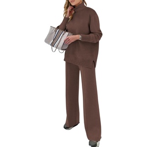 image:imageANRABESS Womens 2 Piece Outfits Turtleneck Matching Lounge Set Sweater Top Wide Leg Pants Fall Cozy Knit Sweatsuit LoungewearCoffee