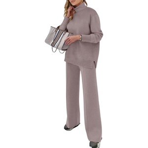 image:imageANRABESS Womens 2 Piece Outfits Turtleneck Matching Lounge Set Sweater Top Wide Leg Pants Fall Cozy Knit Sweatsuit LoungewearKhaki