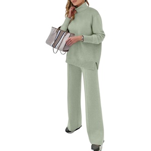 image:imageANRABESS Womens 2 Piece Outfits Turtleneck Matching Lounge Set Sweater Top Wide Leg Pants Fall Cozy Knit Sweatsuit LoungewearLight Green