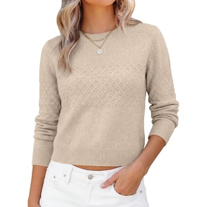 image:imageANRABESS Womens Cropped Lightweight Long Sleeve Sweater  CrewNeck Soft Ribbed Knit PulloverSlim Fit TopsBusiness Casual OutfitsWork Office AllDay WearFall Winter ClothesAlmond