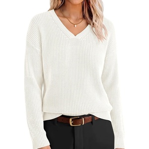 image:imageANRABESS Womens Fall v Neck Knit Sweater  Cozy Soft Spilt Hem Pullover Long Sleeve Loose Fit Tops Basic Business Casual Work Layering Trendy Winter OutfitsWhite