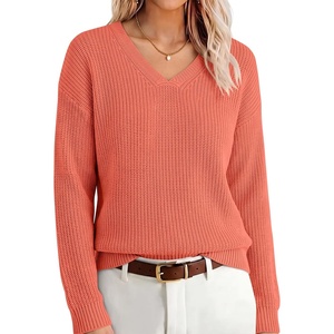 image:imageANRABESS Womens Fall v Neck Knit Sweater  Cozy Soft Spilt Hem Pullover Long Sleeve Loose Fit Tops Basic Business Casual Work Layering Trendy Winter OutfitsOrange
