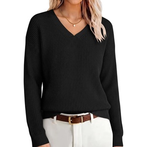 image:imageANRABESS Womens Fall v Neck Knit Sweater  Cozy Soft Spilt Hem Pullover Long Sleeve Loose Fit Tops Basic Business Casual Work Layering Trendy Winter OutfitsBlack