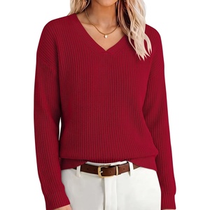 image:imageANRABESS Womens Fall v Neck Knit Sweater  Cozy Soft Spilt Hem Pullover Long Sleeve Loose Fit Tops Basic Business Casual Work Layering Trendy Winter OutfitsRed