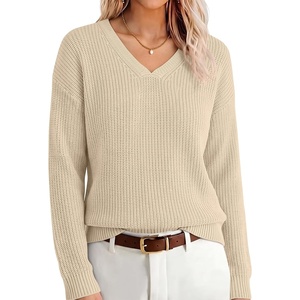 image:imageANRABESS Womens Fall v Neck Knit Sweater  Cozy Soft Spilt Hem Pullover Long Sleeve Loose Fit Tops Basic Business Casual Work Layering Trendy Winter OutfitsApricot
