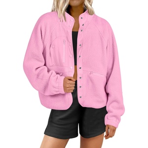 image:imageANRABESS Womens Fuzzy Fleece Jacket Fall Casual Long Sleeve Cropped Sherpa Button Down Shacket Coats Outwear With PocketsPink