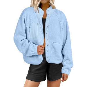 image:imageANRABESS Womens Fuzzy Fleece Jacket Fall Casual Long Sleeve Cropped Sherpa Button Down Shacket Coats Outwear With PocketsSky