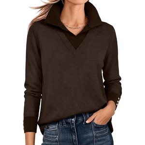 image:imageANRABESS Womens Long Sleeve Polo Lightweight Pullover Sweaters  Color Block 2 in 1 V Neck Soft Knit Button Cuffs Sweater Tops Business Casual Work Office Clothes Daily Wear Fall OutfitsBrown
