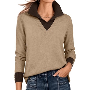 image:imageANRABESS Womens Long Sleeve Polo Lightweight Pullover Sweaters  Color Block 2 in 1 V Neck Soft Knit Button Cuffs Sweater Tops Business Casual Work Office Clothes Daily Wear Fall OutfitsTan