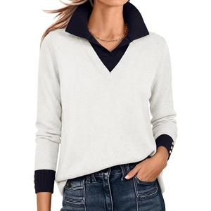 image:imageANRABESS Womens Long Sleeve Polo Lightweight Pullover Sweaters  Color Block 2 in 1 V Neck Soft Knit Button Cuffs Sweater Tops Business Casual Work Office Clothes Daily Wear Fall OutfitsWhite