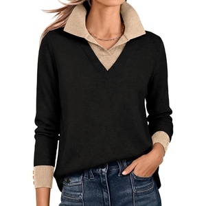 image:imageANRABESS Womens Long Sleeve Polo Lightweight Pullover Sweaters  Color Block 2 in 1 V Neck Soft Knit Button Cuffs Sweater Tops Business Casual Work Office Clothes Daily Wear Fall OutfitsBlack