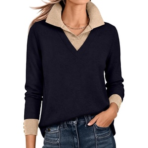 image:imageANRABESS Womens Long Sleeve Polo Lightweight Pullover Sweaters  Color Block 2 in 1 V Neck Soft Knit Button Cuffs Sweater Tops Business Casual Work Office Clothes Daily Wear Fall OutfitsNavy Blue