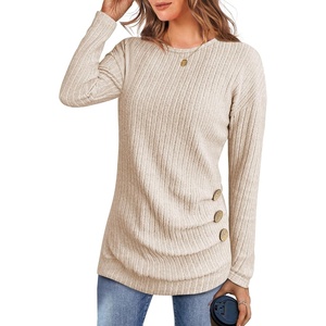 image:imageANRABESS Womens Long Sleeve Tunic Top 2026 Fall Sweaters Lightweight Ribbed Knit Buttons Shirts Casual Work OutfitsLight Khaki