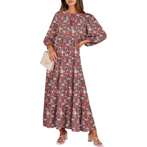 image:imageANRABESS Womens Boho Floral 34 Puff Sleeve Maxi Dress  Tiered Flowy Loose Fit Comfy Soft Rayon Fabric Wedding Guest Church Beach Modest Elegant Spring Summer Fall OutfitsRed