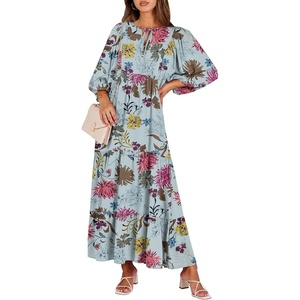 image:imageANRABESS Womens Boho Floral 34 Puff Sleeve Maxi Dress  Tiered Flowy Loose Fit Comfy Soft Rayon Fabric Wedding Guest Church Beach Modest Elegant Spring Summer Fall OutfitsGreen Floral