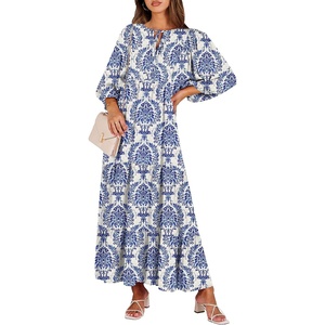 image:imageANRABESS Womens Boho Floral 34 Puff Sleeve Maxi Dress  Tiered Flowy Loose Fit Comfy Soft Rayon Fabric Wedding Guest Church Beach Modest Elegant Spring Summer Fall OutfitsBlue Khaki