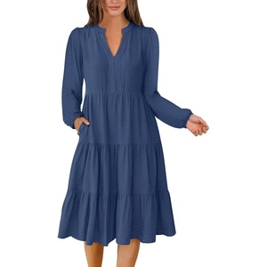 image:imageANRABESS Womens Long Sleeve Midi Dresses  V Neck Swing Tiered Dress Beach Vacation Work Business Casual 2026 Fall Summer Flowy OutfitDeep Blue