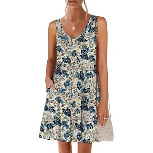 image:imageANRABESS Womens Summer Beach Vacation Dresses V Neck Sleeveless Casual Button Down A Line Swing Mini Sundresses with Pockets Printed White Large