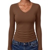 image:imageANRABESS Womens Long Sleeve Shirts Double Lined Tops  V Neck Basic Tee Soft Stretch Fleece Slim Fitted Fall Winter Warm Layer Clothing Going Out Casual Work Everyday WearCoffee