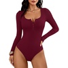 image:imageANRABESS Womens Scoop Neck Long Sleeve Bodysuit  Henley Top Body Suits Ribbed Fitted Soft Ribbed StretchyFall Winter Spring Transition LayerCasual Going Out Work DailyWine Red