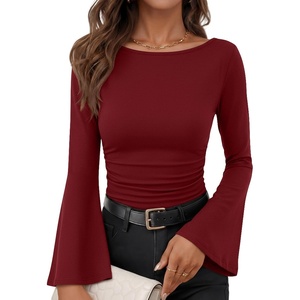 image:imageANRABESS Long Sleeve Shirts for Women Boat Neck Crop Tops  Bell Sleeve Ruched Slim Fitted TShirtsCute Stylish Y2K Street TeeFall Fashion Going Out OutfitsWork amp AllDay WearRed
