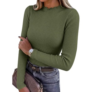 image:imageANRABESS Long Sleeve Shirts for Women Mock Neck Ribbed Top  Lettuce Trim Knit Fitted Tops Soft Lightweight Layer Basic Tee Going Out Work Tshirts Business Casual Fall Daily WearArmy Green