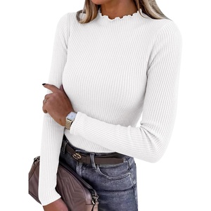 image:imageANRABESS Long Sleeve Shirts for Women Mock Neck Ribbed Top  Lettuce Trim Knit Fitted Tops Soft Lightweight Layer Basic Tee Going Out Work Tshirts Business Casual Fall Daily WearWhite