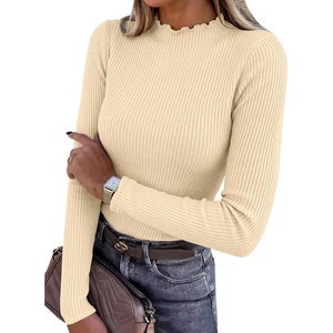 image:imageANRABESS Long Sleeve Shirts for Women Mock Neck Ribbed Top  Lettuce Trim Knit Fitted Tops Soft Lightweight Layer Basic Tee Going Out Work Tshirts Business Casual Fall Daily WearBeige