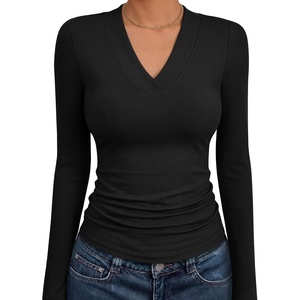 image:imageANRABESS Womens Long Sleeve V Neck Ribbed Knit Fitted Tops  Comfy Basic Tee Shirts Slim Fit Stretchy Soft Breathable Fabric Fall Winter Layer Casual Work Travel Vacation Daily WearBlack