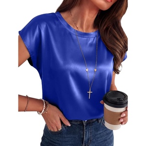 image:imageANRABESS Womens Satin Tops Cap Short Sleeve Crew Neck Shirts Dressy Business Casual Office Blouse Silky 2026 Summer OutfitsRoyal Blue