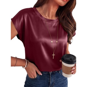 image:imageANRABESS Womens Satin Tops Cap Short Sleeve Crew Neck Shirts Dressy Business Casual Office Blouse Silky 2026 Summer OutfitsWine Red