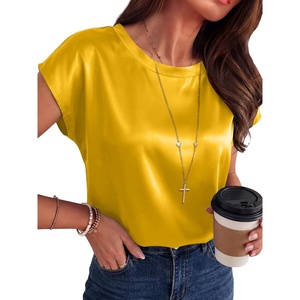image:imageANRABESS Womens Satin Tops Cap Short Sleeve Crew Neck Shirts Dressy Business Casual Office Blouse Silky 2026 Summer OutfitsYellow