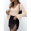 image:imageANRABESS Long Sleeve Shirt for Women V Neck Ribbed Knit Tops  Soft Slim Fit Double Layers Bell Sleeve Ruched Blouses Fashion Going out Tshirts Dressy Casual Fall Winter ClothesBeige