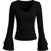 image:imageANRABESS Long Sleeve Shirt for Women V Neck Ribbed Knit Tops  Soft Slim Fit Double Layers Bell Sleeve Ruched Blouses Fashion Going out Tshirts Dressy Casual Fall Winter ClothesBlack