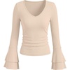 image:imageANRABESS Long Sleeve Shirt for Women V Neck Ribbed Knit Tops  Soft Slim Fit Double Layers Bell Sleeve Ruched Blouses Fashion Going out Tshirts Dressy Casual Fall Winter ClothesBeige