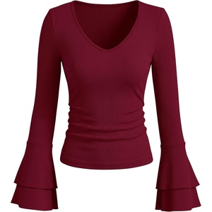 image:imageANRABESS Long Sleeve Shirt for Women V Neck Ribbed Knit Tops  Soft Slim Fit Double Layers Bell Sleeve Ruched Blouses Fashion Going out Tshirts Dressy Casual Fall Winter ClothesWine Red