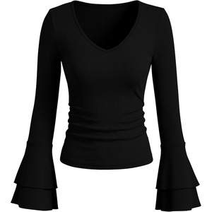 image:imageANRABESS Long Sleeve Shirt for Women V Neck Ribbed Knit Tops  Soft Slim Fit Double Layers Bell Sleeve Ruched Blouses Fashion Going out Tshirts Dressy Casual Fall Winter ClothesBlack