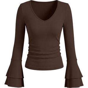 image:imageANRABESS Long Sleeve Shirt for Women V Neck Ribbed Knit Tops  Soft Slim Fit Double Layers Bell Sleeve Ruched Blouses Fashion Going out Tshirts Dressy Casual Fall Winter ClothesCoffee