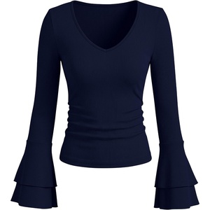 image:imageANRABESS Long Sleeve Shirt for Women V Neck Ribbed Knit Tops  Soft Slim Fit Double Layers Bell Sleeve Ruched Blouses Fashion Going out Tshirts Dressy Casual Fall Winter ClothesNavy Blue